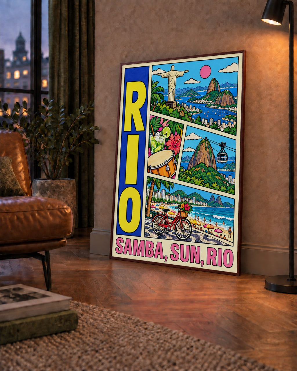 Renkli Rio de Janeiro Çizgi Roman Poster – Enerjik Dekor — çerçeveli hâliyle bir ev duvarında