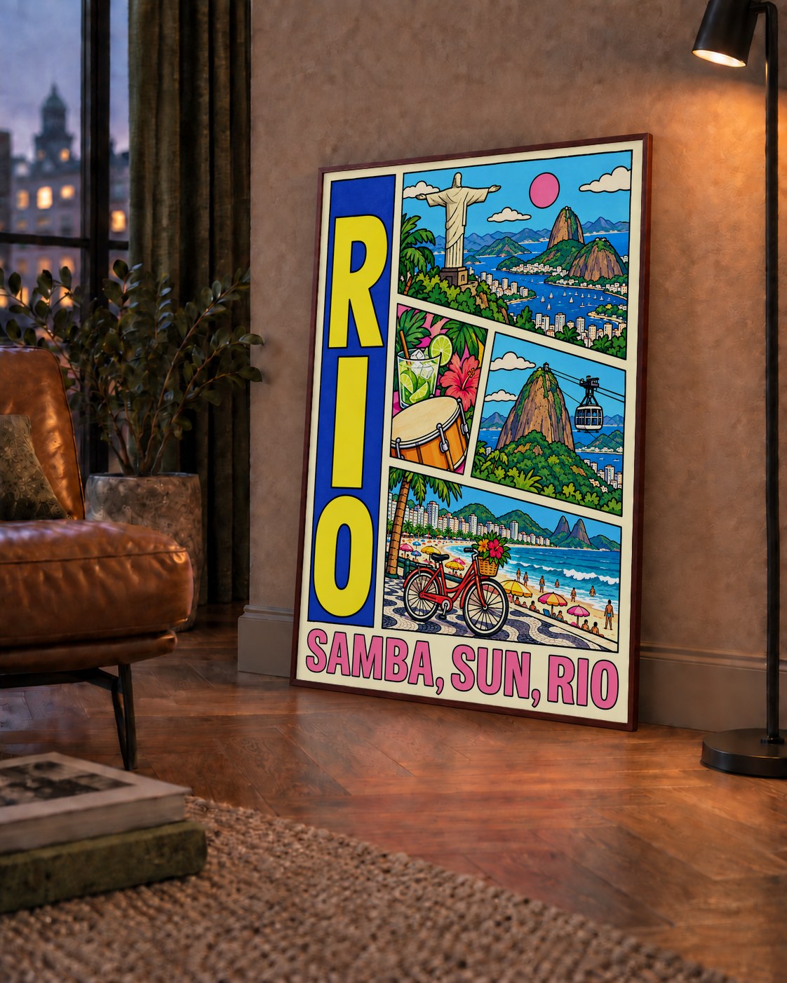 Renkli Rio de Janeiro Çizgi Roman Poster – Enerjik Dekor — çerçeveli hâliyle bir ev duvarında