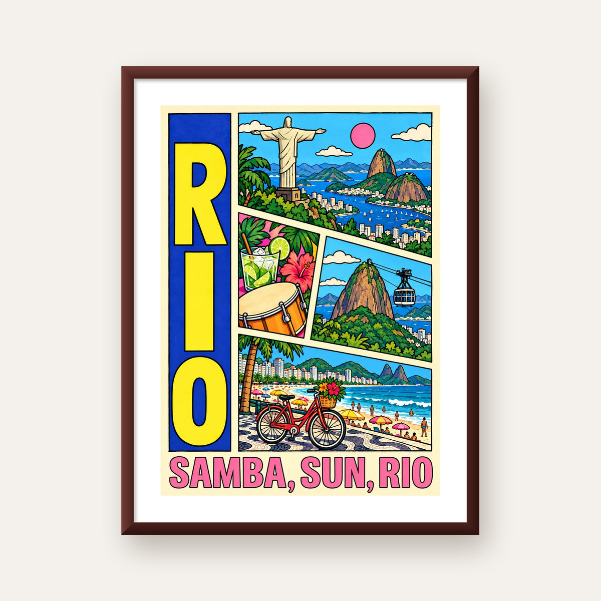 Renkli Rio de Janeiro Çizgi Roman Poster – Enerjik Dekor — ceviz çerçeveli paspartulu