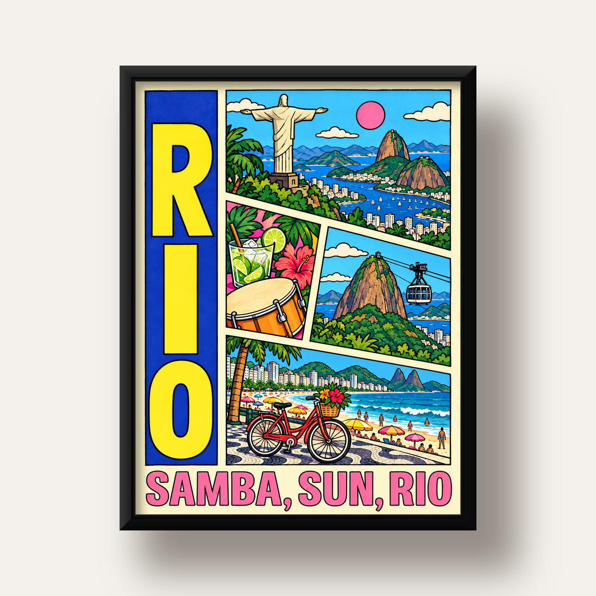 Renkli Rio de Janeiro Çizgi Roman Poster – Enerjik Dekor — siyah derin çerçeveli