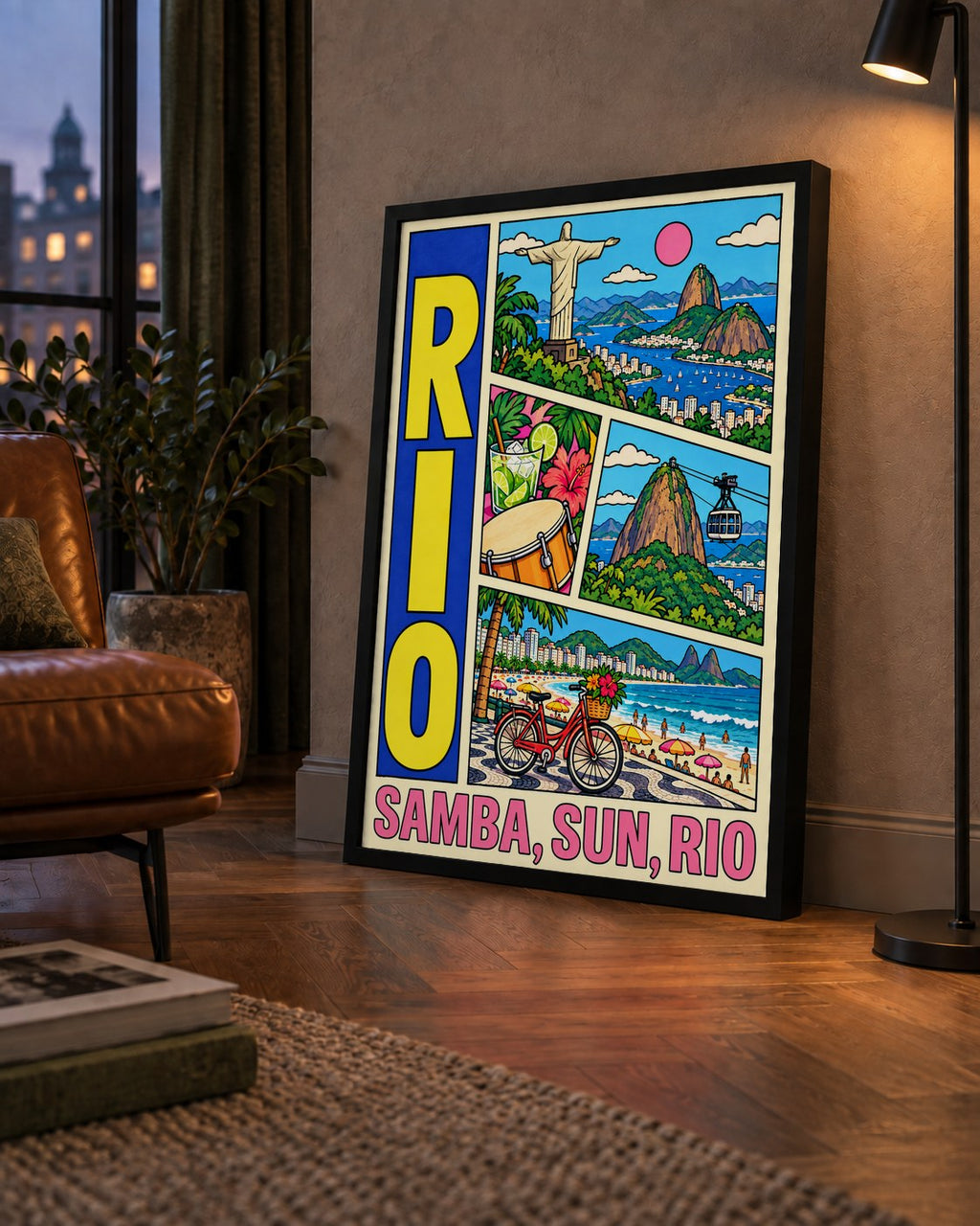 Renkli Rio de Janeiro Çizgi Roman Poster – Enerjik Dekor — çerçeveli hâliyle bir ev duvarında