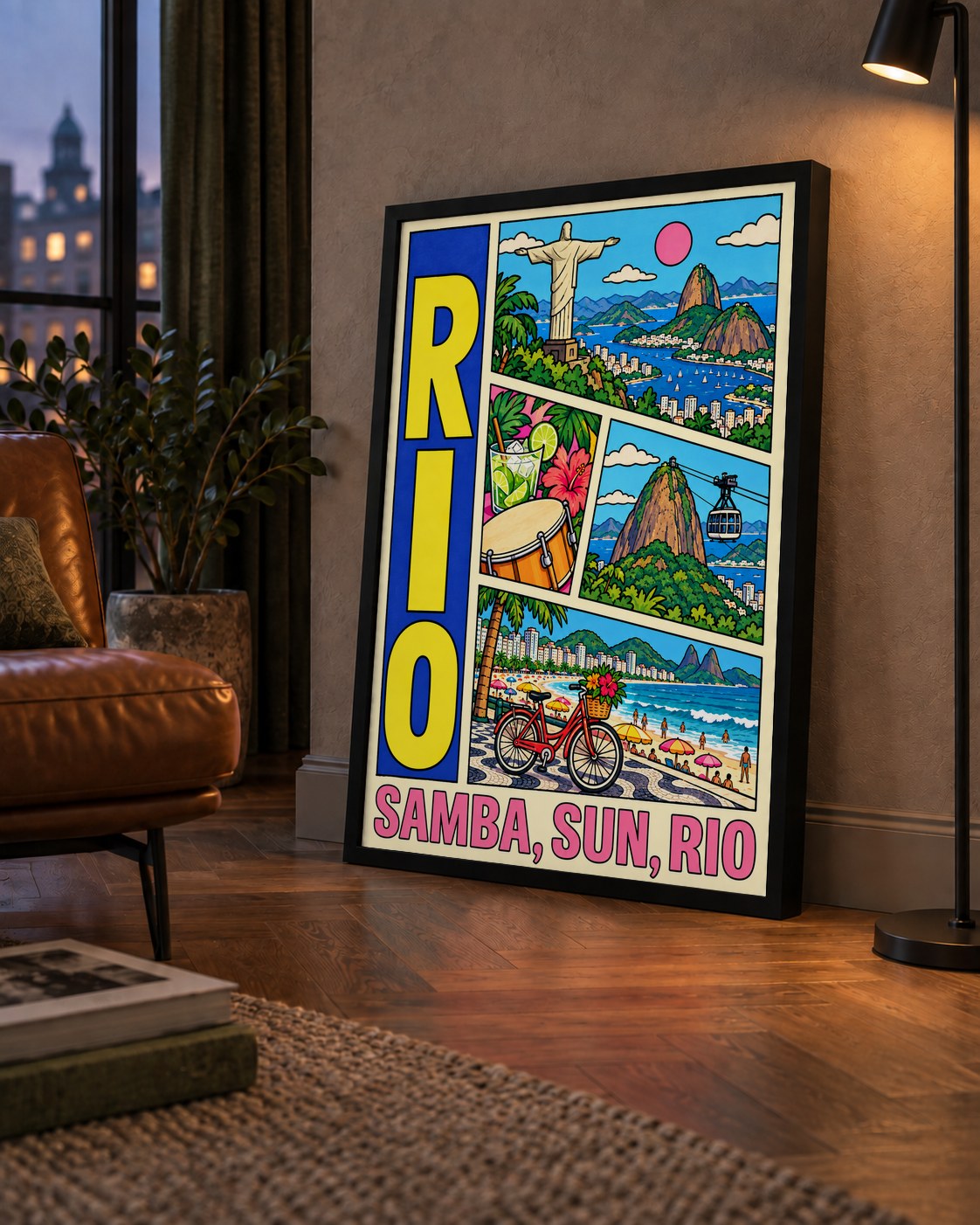 Renkli Rio de Janeiro Çizgi Roman Poster – Enerjik Dekor — çerçeveli hâliyle bir ev duvarında