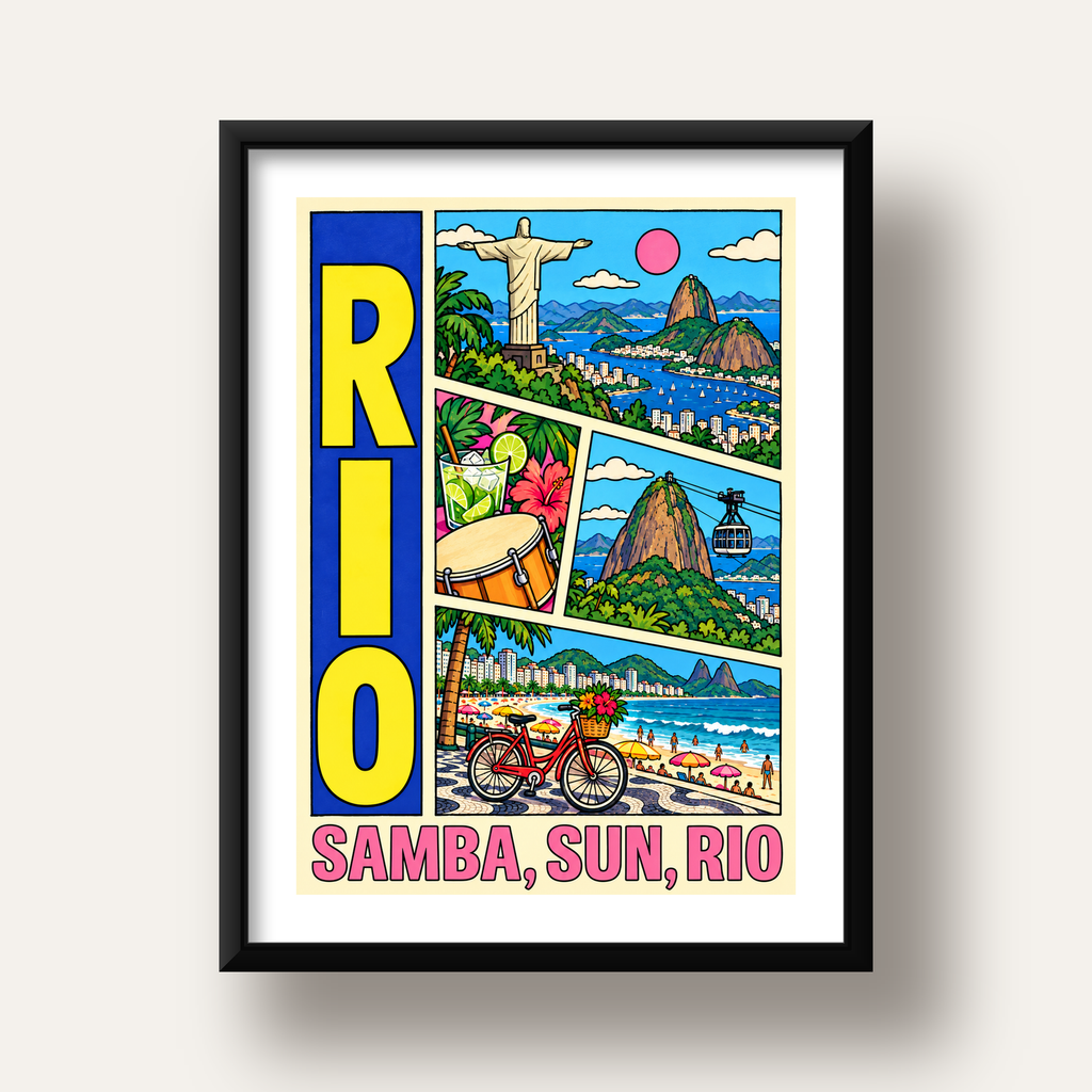 Renkli Rio de Janeiro Çizgi Roman Poster – Enerjik Dekor — siyah derin çerçeveli paspartulu