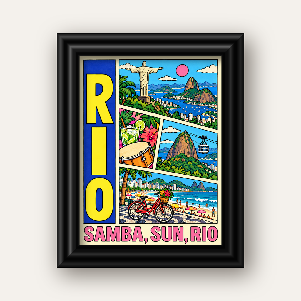 Renkli Rio de Janeiro Çizgi Roman Poster – Enerjik Dekor — siyah galeri çerçeveli
