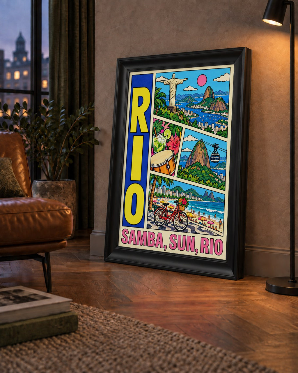 Renkli Rio de Janeiro Çizgi Roman Poster – Enerjik Dekor — çerçeveli hâliyle bir ev duvarında