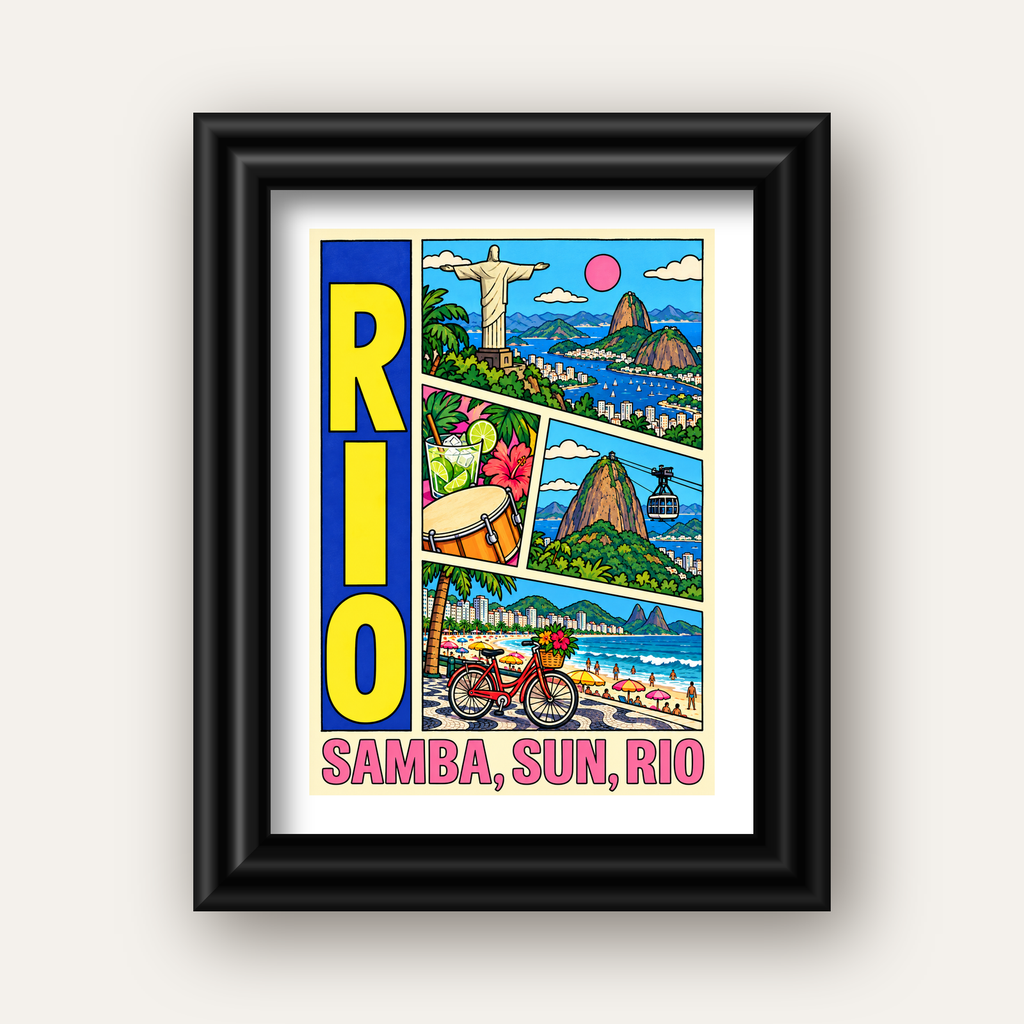 Renkli Rio de Janeiro Çizgi Roman Poster – Enerjik Dekor — siyah galeri çerçeveli paspartulu