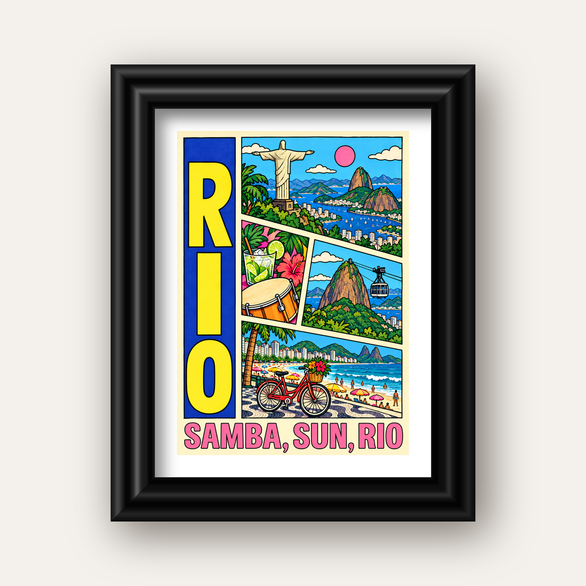 Renkli Rio de Janeiro Çizgi Roman Poster – Enerjik Dekor — siyah galeri çerçeveli paspartulu
