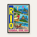 Renkli Rio de Janeiro Çizgi Roman Poster – Enerjik Dekor — Dikey baskı, düz siyah çerçeveli duvar posteri