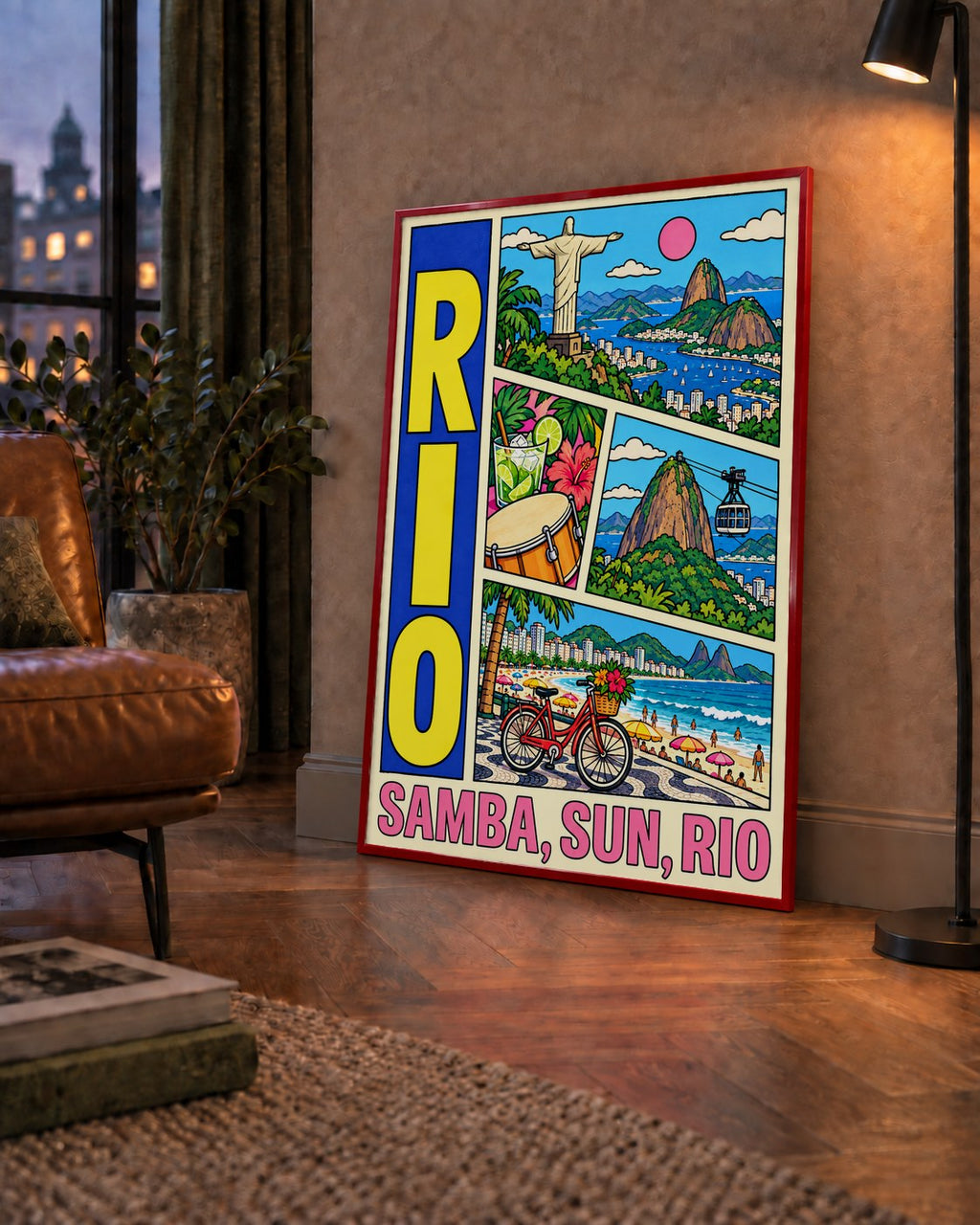 Renkli Rio de Janeiro Çizgi Roman Poster – Enerjik Dekor — çerçeveli hâliyle bir ev duvarında