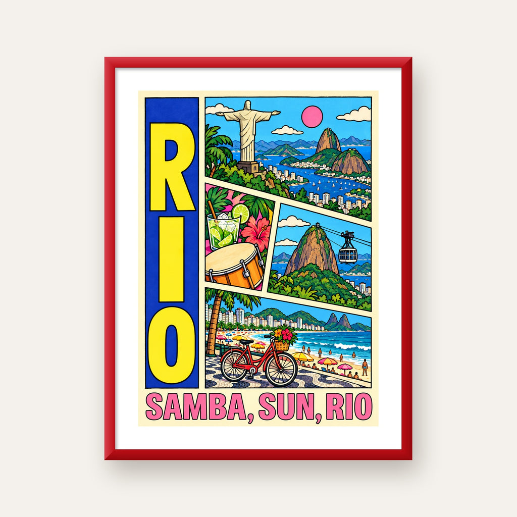 Renkli Rio de Janeiro Çizgi Roman Poster – Enerjik Dekor — kırmızı çerçeveli paspartulu
