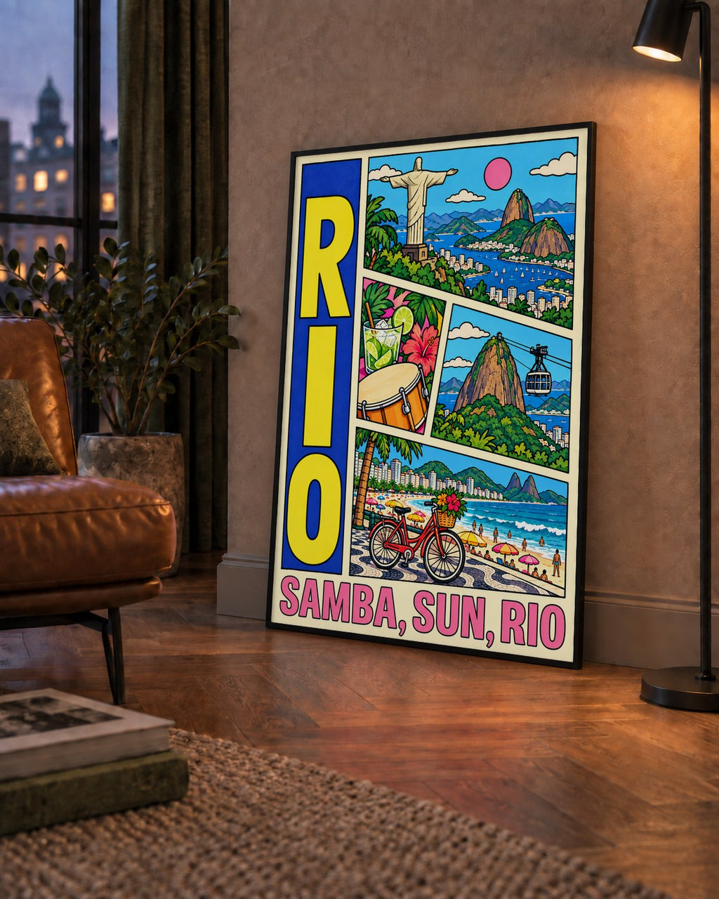 Renkli Rio de Janeiro Çizgi Roman Poster – Enerjik Dekor — çerçeveli hâliyle bir ev duvarında