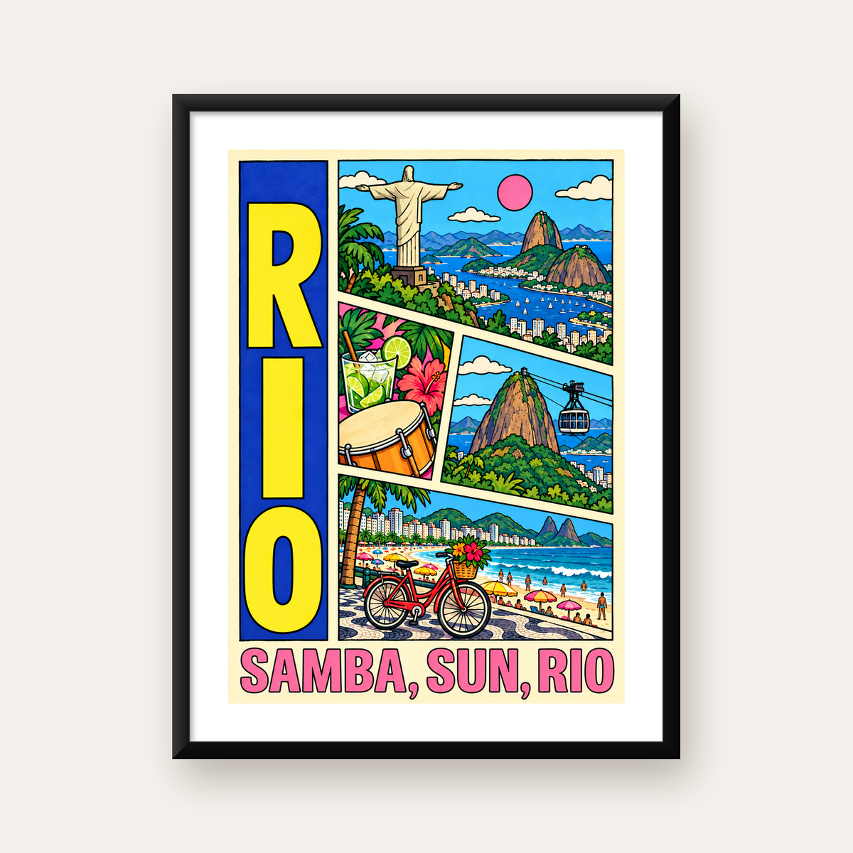 Renkli Rio de Janeiro Çizgi Roman Poster – Enerjik Dekor — Dikey baskı, beyaz paspartulu
