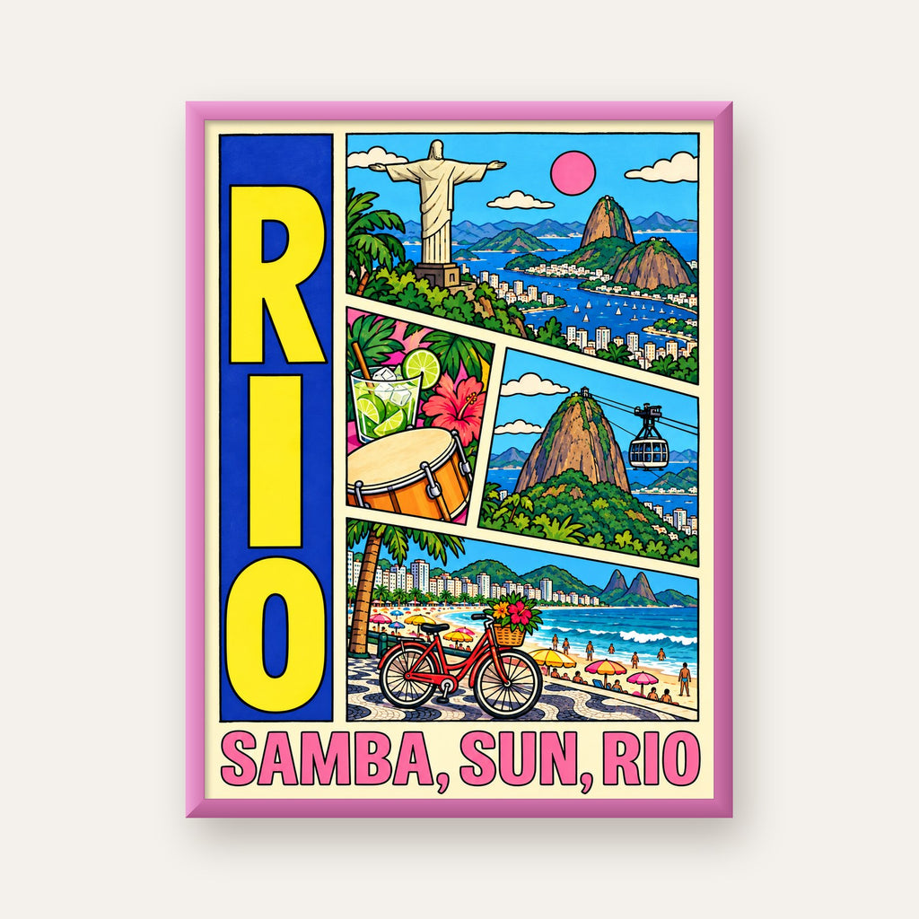 Renkli Rio de Janeiro Çizgi Roman Poster – Enerjik Dekor — pembe çerçeveli