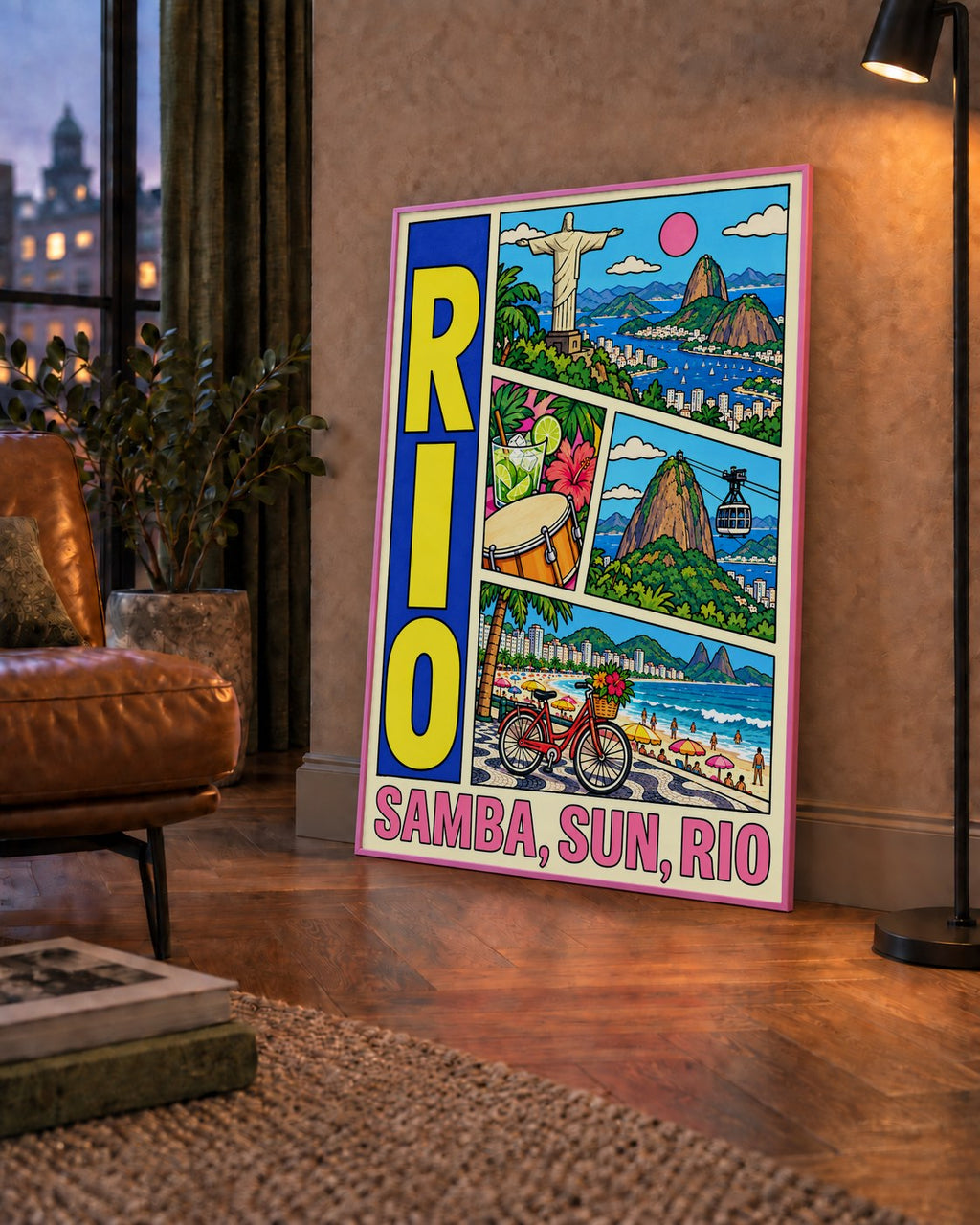Renkli Rio de Janeiro Çizgi Roman Poster – Enerjik Dekor — çerçeveli hâliyle bir ev duvarında