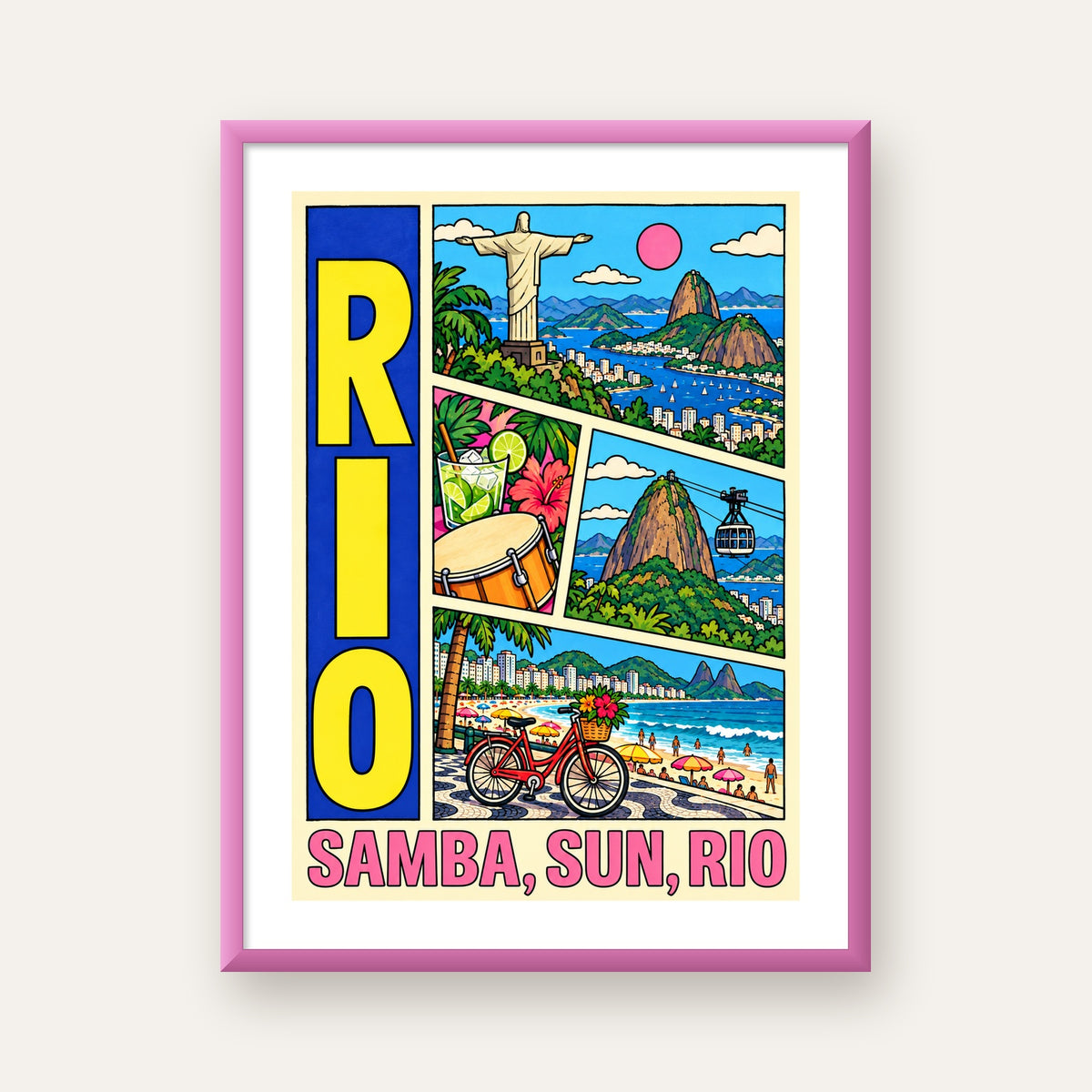 Renkli Rio de Janeiro Çizgi Roman Poster – Enerjik Dekor — pembe çerçeveli paspartulu