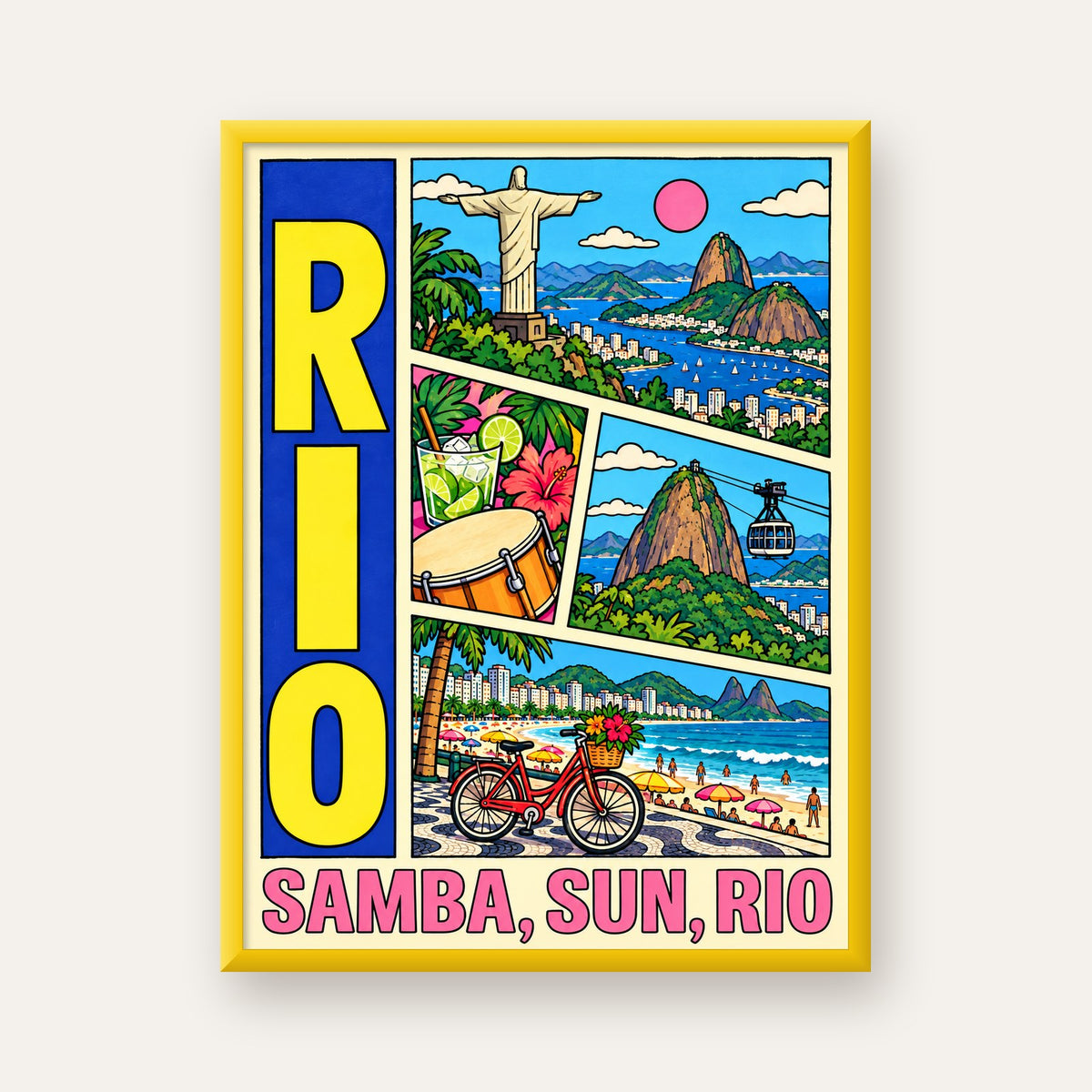 Renkli Rio de Janeiro Çizgi Roman Poster – Enerjik Dekor — sarı çerçeveli