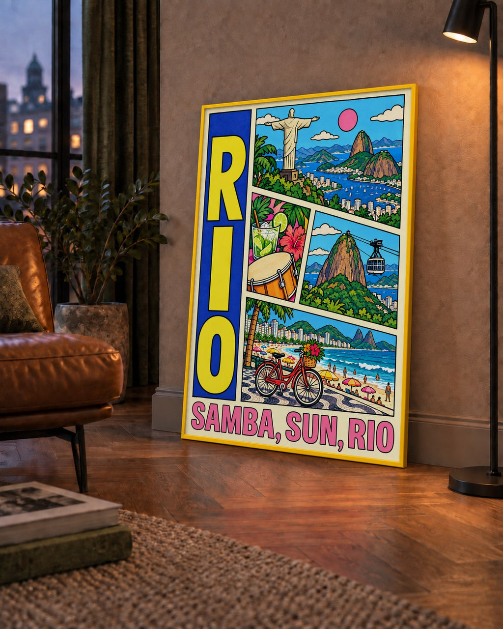 Renkli Rio de Janeiro Çizgi Roman Poster – Enerjik Dekor — çerçeveli hâliyle bir ev duvarında
