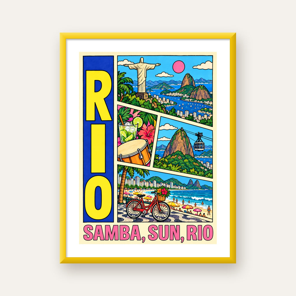 Renkli Rio de Janeiro Çizgi Roman Poster – Enerjik Dekor — sarı çerçeveli paspartulu