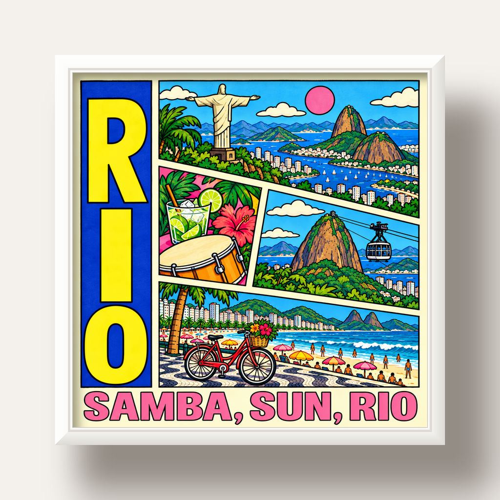 Renkli Rio de Janeiro Çizgi Roman Poster – Enerjik Dekor — beyaz derin çerçeveli