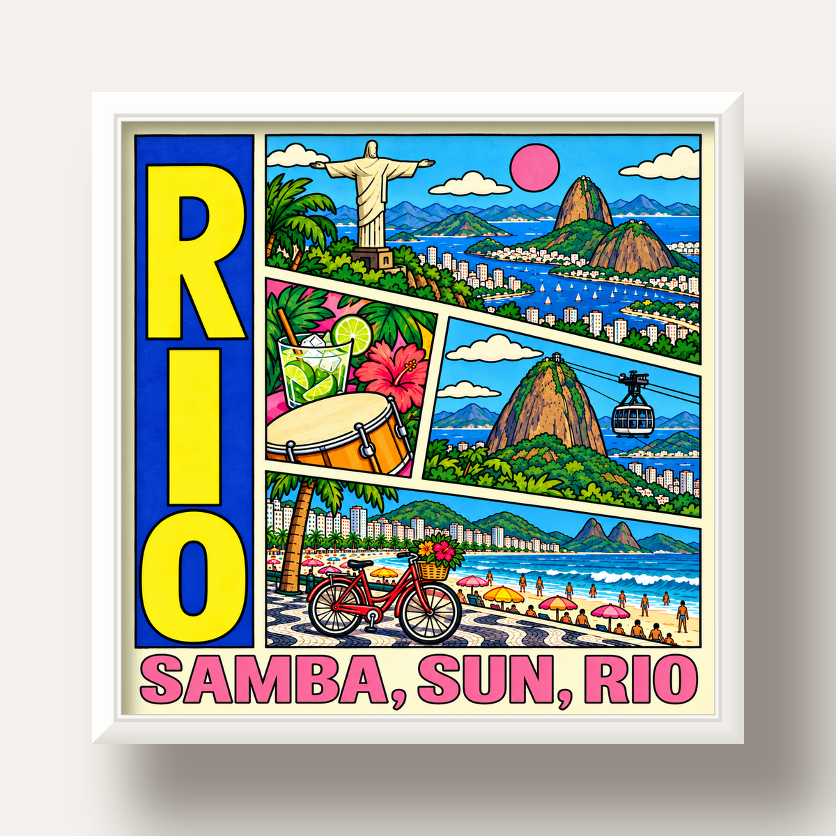Renkli Rio de Janeiro Çizgi Roman Poster – Enerjik Dekor — beyaz derin çerçeveli