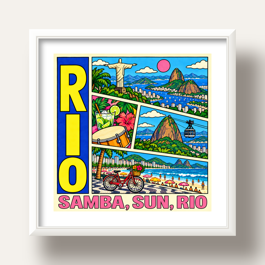 Renkli Rio de Janeiro Çizgi Roman Poster – Enerjik Dekor — beyaz derin çerçeveli paspartulu
