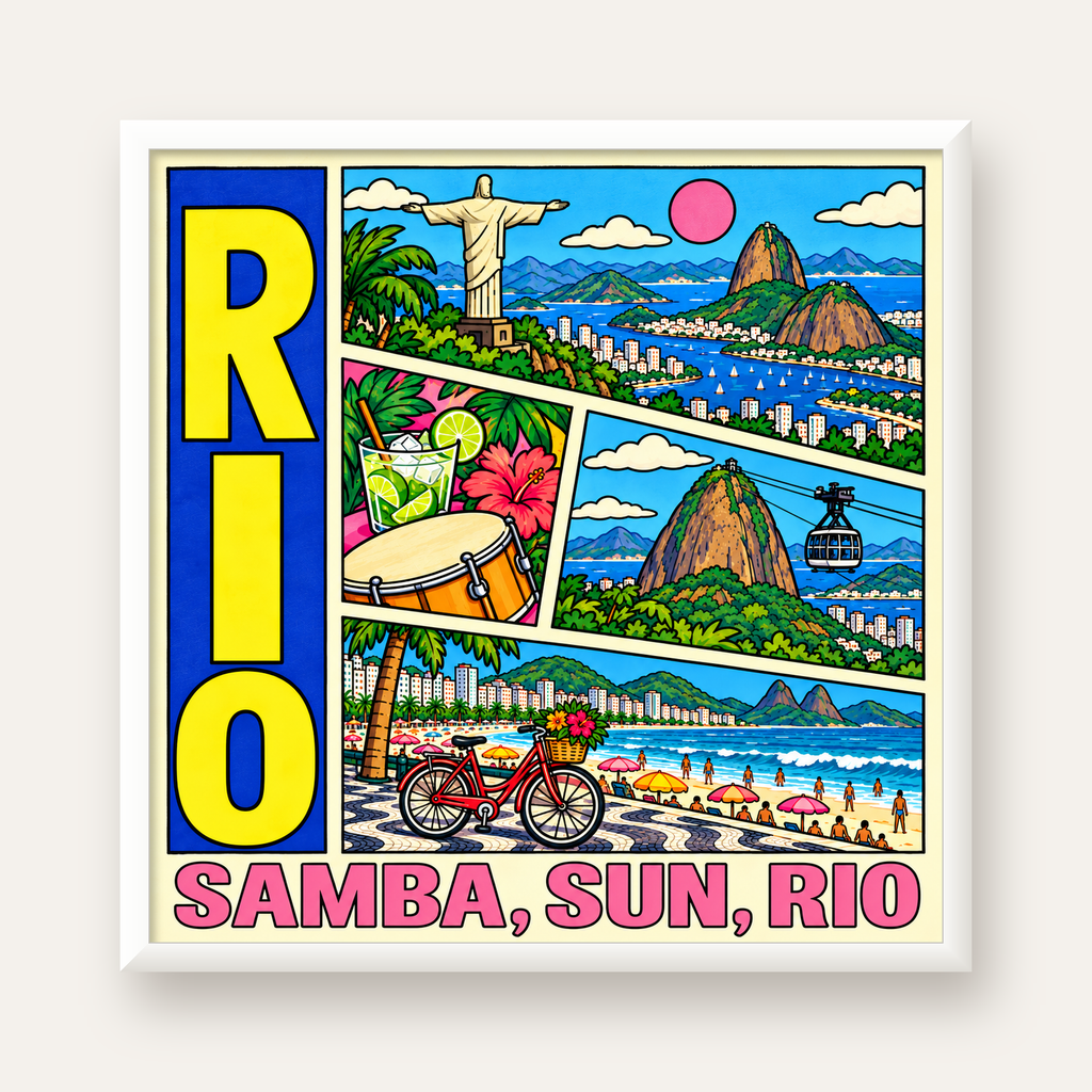 Renkli Rio de Janeiro Çizgi Roman Poster – Enerjik Dekor — beyaz çerçeveli kare poster