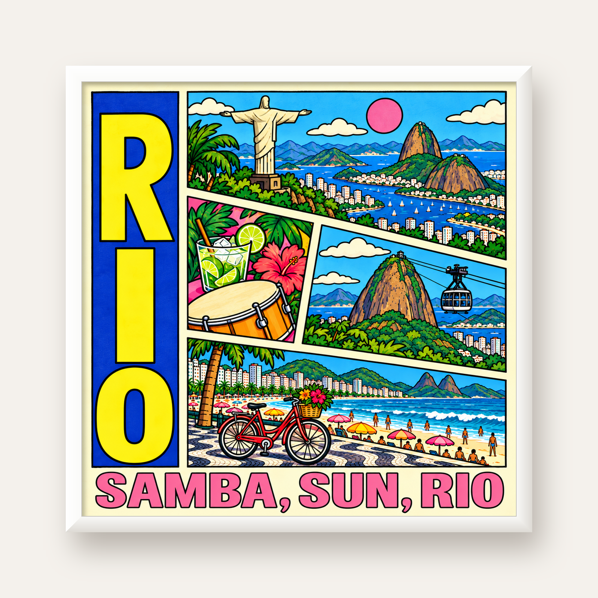Renkli Rio de Janeiro Çizgi Roman Poster – Enerjik Dekor — beyaz çerçeveli kare poster