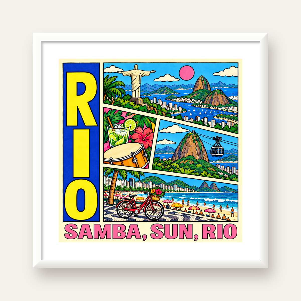Renkli Rio de Janeiro Çizgi Roman Poster – Enerjik Dekor — beyaz çerçeveli kare poster