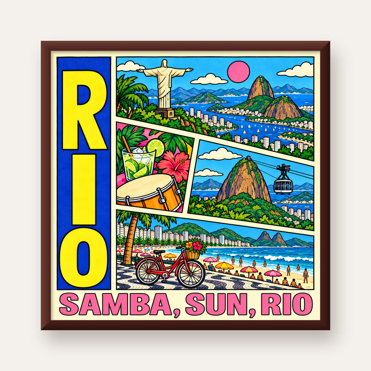 Renkli Rio de Janeiro Çizgi Roman Poster – Enerjik Dekor — ceviz çerçeveli