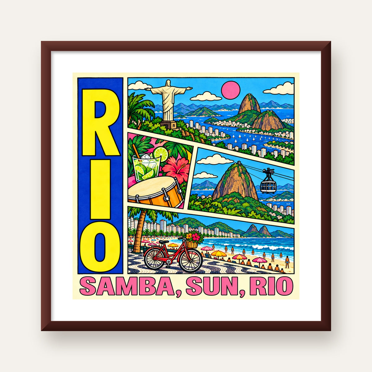 Renkli Rio de Janeiro Çizgi Roman Poster – Enerjik Dekor — ceviz çerçeveli paspartulu