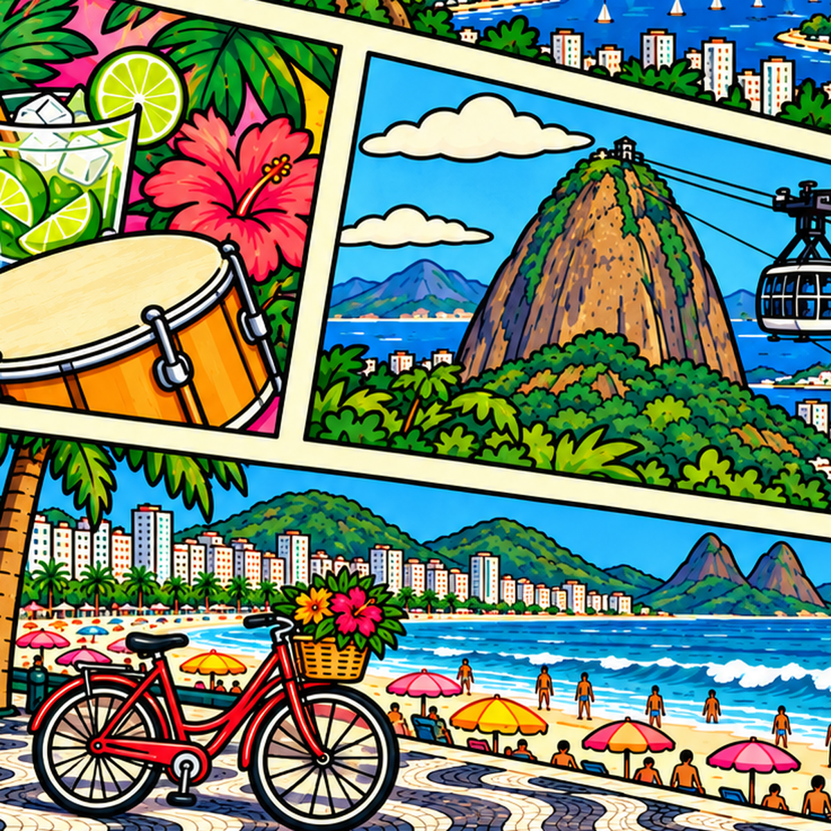 Renkli Rio de Janeiro Çizgi Roman Poster – Enerjik Dekor — baskının yakın çekimi, kâğıt dokusu ve renk detayı