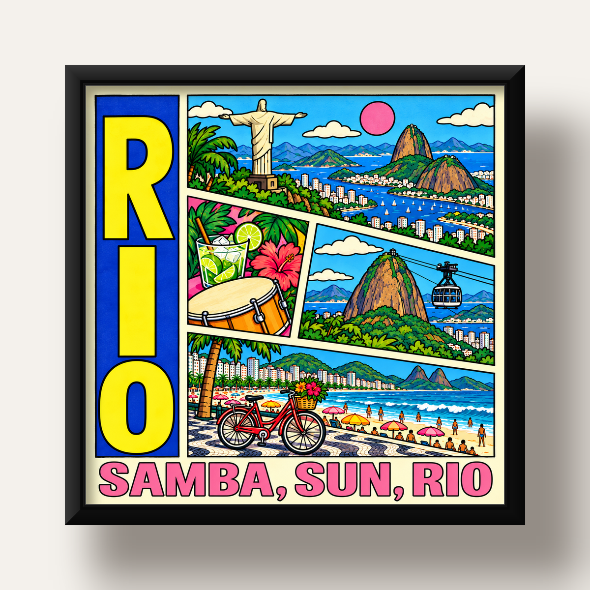 Renkli Rio de Janeiro Çizgi Roman Poster – Enerjik Dekor — siyah derin çerçeveli