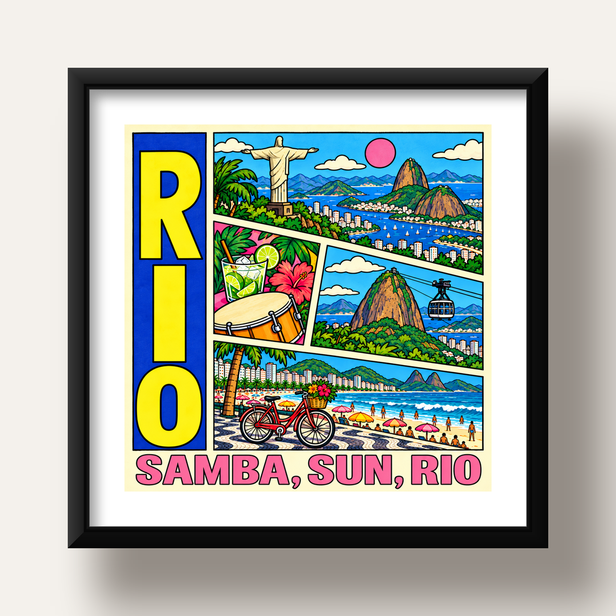 Renkli Rio de Janeiro Çizgi Roman Poster – Enerjik Dekor — siyah derin çerçeveli paspartulu