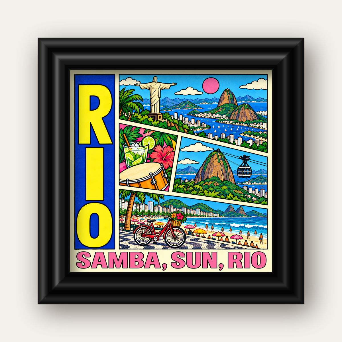 Renkli Rio de Janeiro Çizgi Roman Poster – Enerjik Dekor — siyah galeri çerçeveli