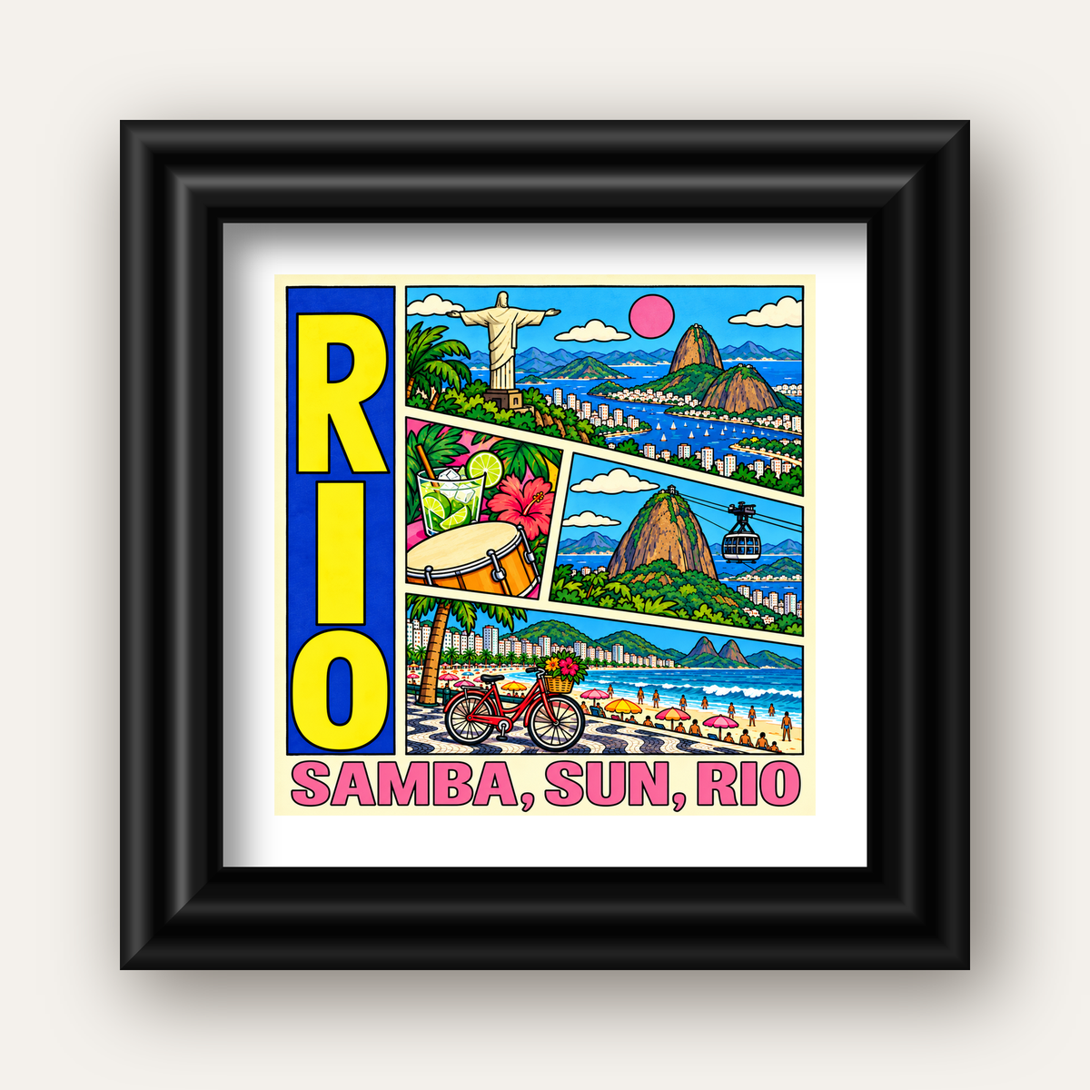 Renkli Rio de Janeiro Çizgi Roman Poster – Enerjik Dekor — siyah galeri çerçeveli paspartulu