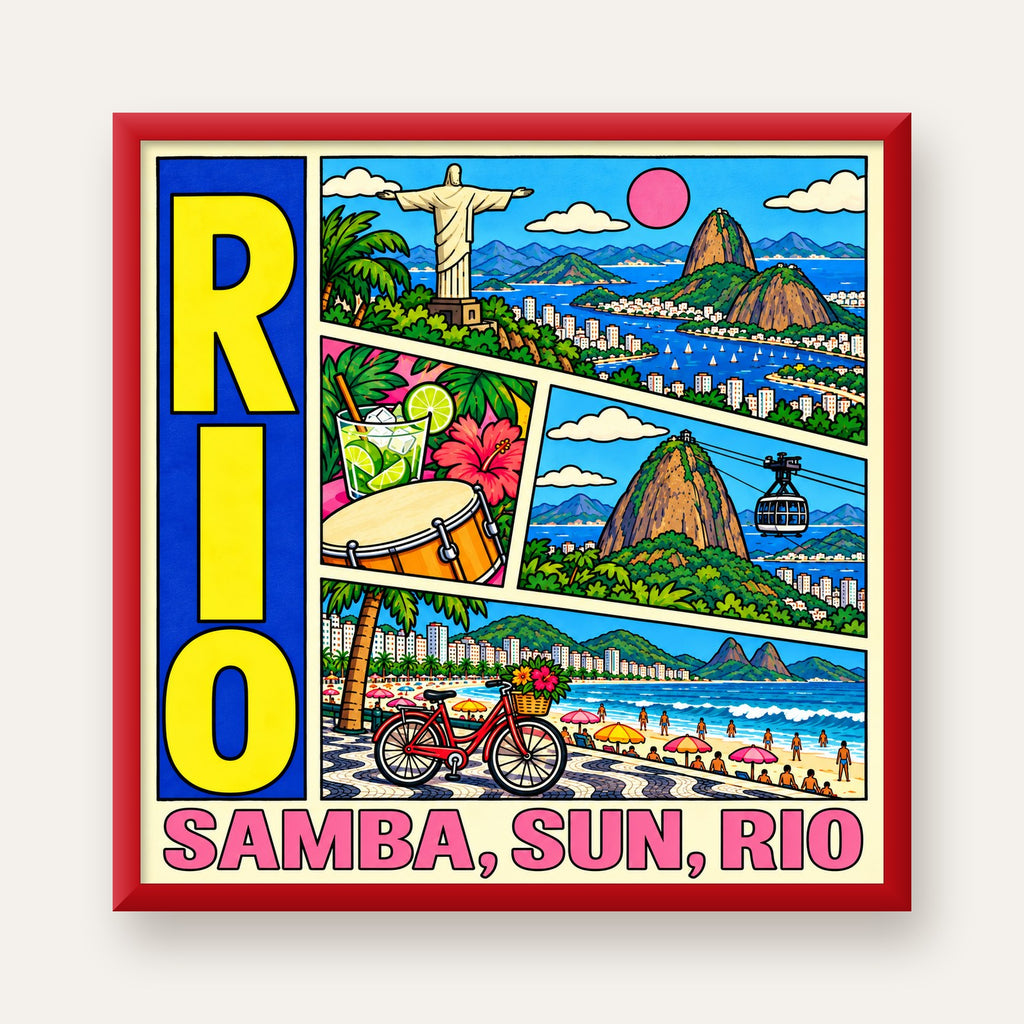 Renkli Rio de Janeiro Çizgi Roman Poster – Enerjik Dekor — kırmızı çerçeveli