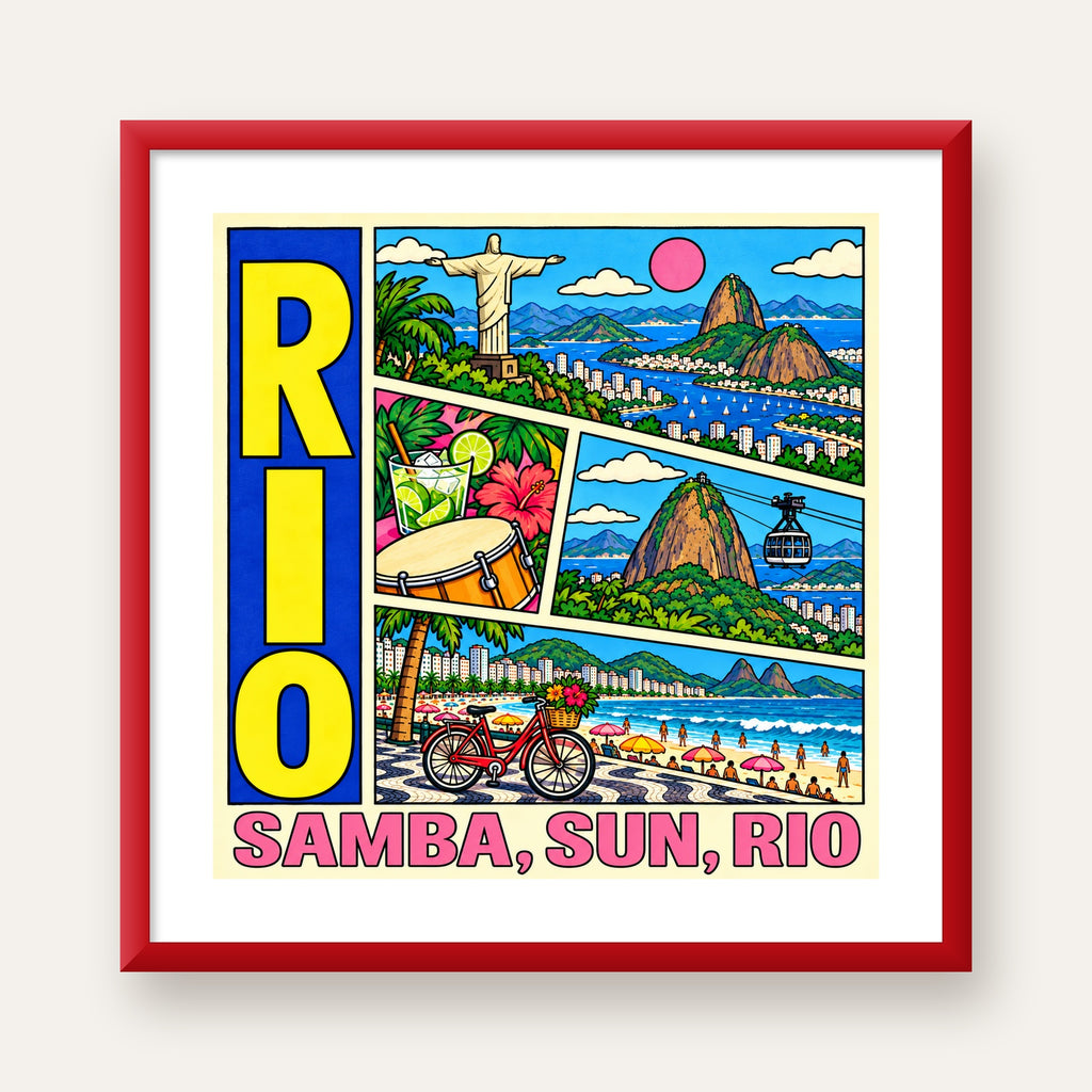 Renkli Rio de Janeiro Çizgi Roman Poster – Enerjik Dekor — kırmızı çerçeveli paspartulu