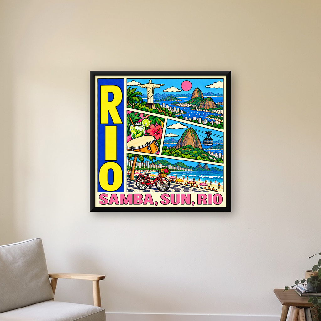 Renkli Rio de Janeiro Çizgi Roman Poster – Enerjik Dekor — Kare baskı, çerçeveli hâliyle bir ev duvarında