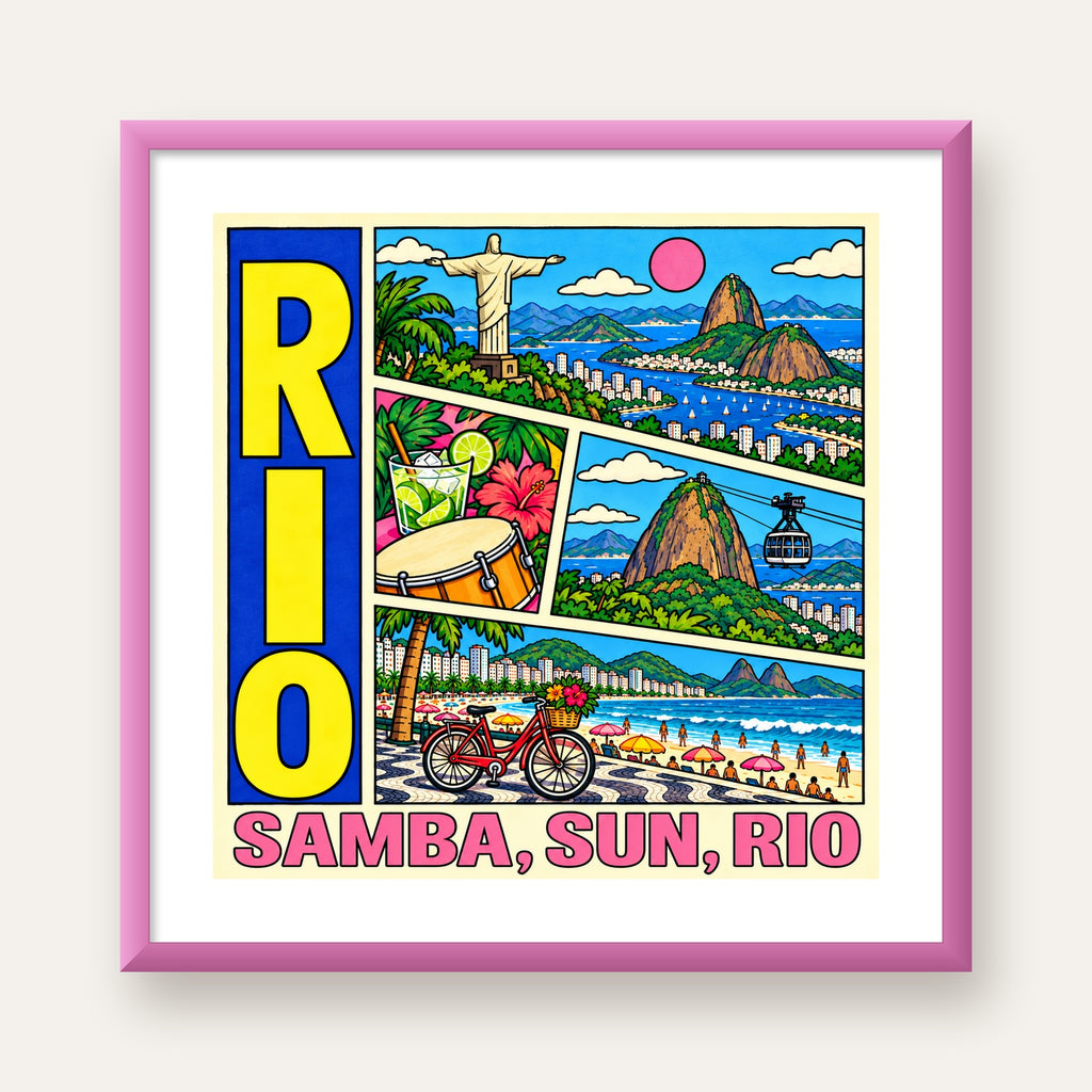 Renkli Rio de Janeiro Çizgi Roman Poster – Enerjik Dekor — pembe çerçeveli paspartulu