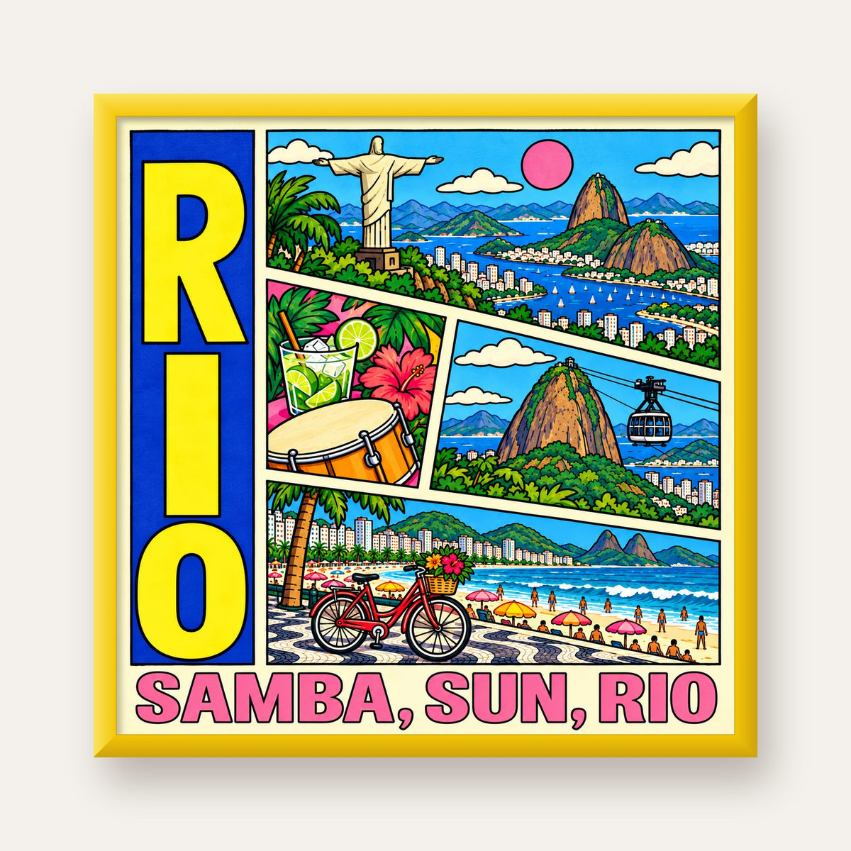 Renkli Rio de Janeiro Çizgi Roman Poster – Enerjik Dekor — sarı çerçeveli