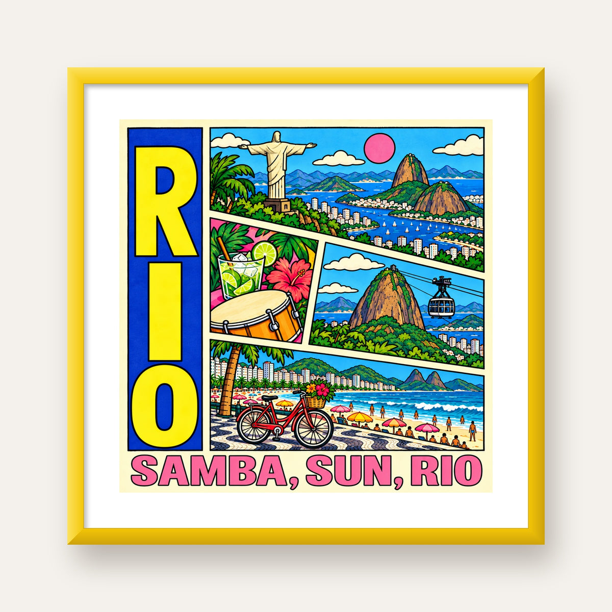 Renkli Rio de Janeiro Çizgi Roman Poster – Enerjik Dekor — sarı çerçeveli paspartulu