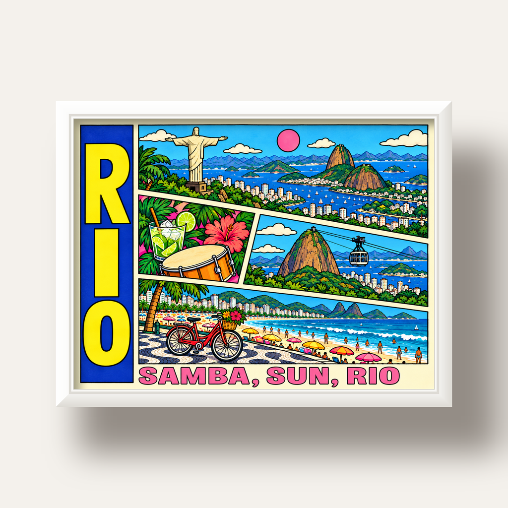 Renkli Rio de Janeiro Çizgi Roman Poster – Enerjik Dekor — beyaz derin çerçeveli