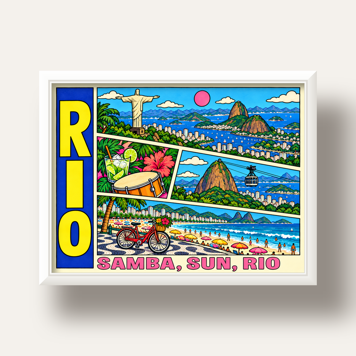 Renkli Rio de Janeiro Çizgi Roman Poster – Enerjik Dekor — beyaz derin çerçeveli