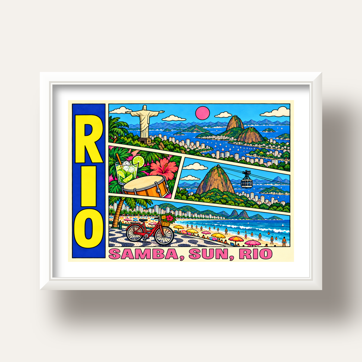 Renkli Rio de Janeiro Çizgi Roman Poster – Enerjik Dekor — beyaz derin çerçeveli paspartulu