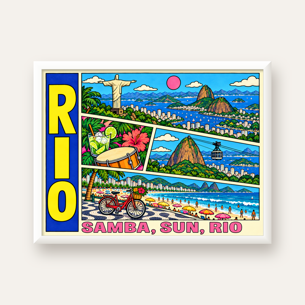 Renkli Rio de Janeiro Çizgi Roman Poster – Enerjik Dekor — beyaz çerçeveli yatay poster