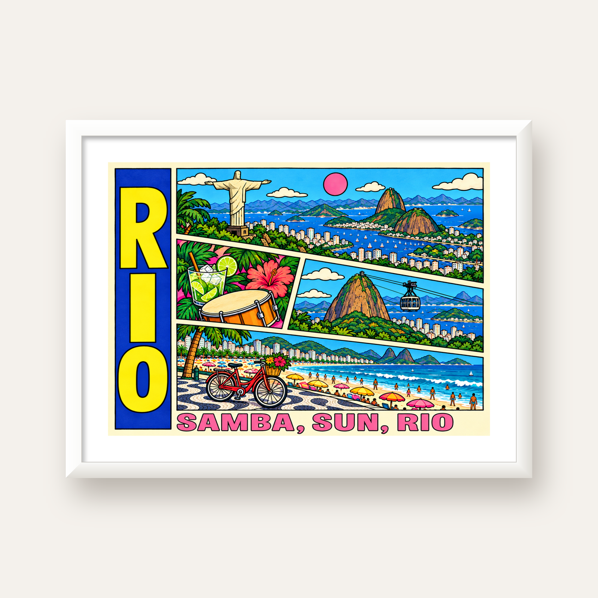 Renkli Rio de Janeiro Çizgi Roman Poster – Enerjik Dekor — beyaz çerçeveli yatay poster