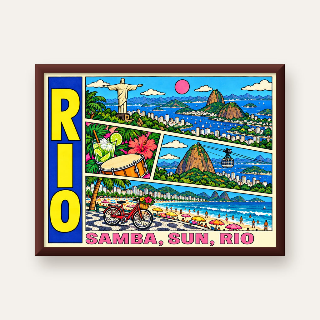 Renkli Rio de Janeiro Çizgi Roman Poster – Enerjik Dekor — ceviz çerçeveli
