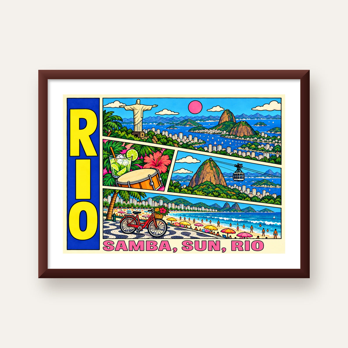 Renkli Rio de Janeiro Çizgi Roman Poster – Enerjik Dekor — ceviz çerçeveli paspartulu