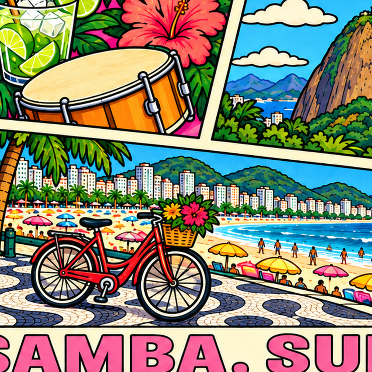Renkli Rio de Janeiro Çizgi Roman Poster – Enerjik Dekor — baskının yakın çekimi, kâğıt dokusu ve renk detayı