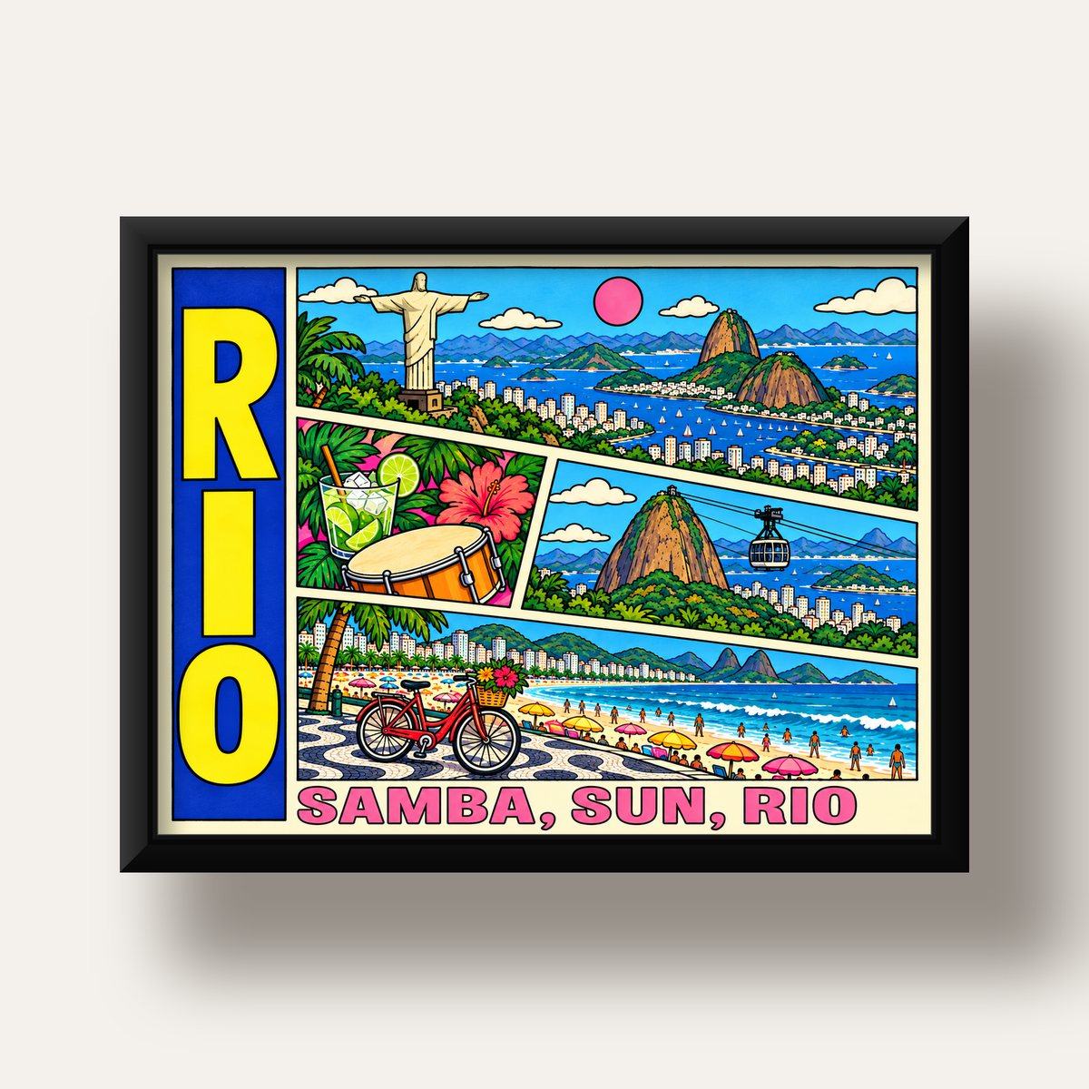 Renkli Rio de Janeiro Çizgi Roman Poster – Enerjik Dekor — siyah derin çerçeveli